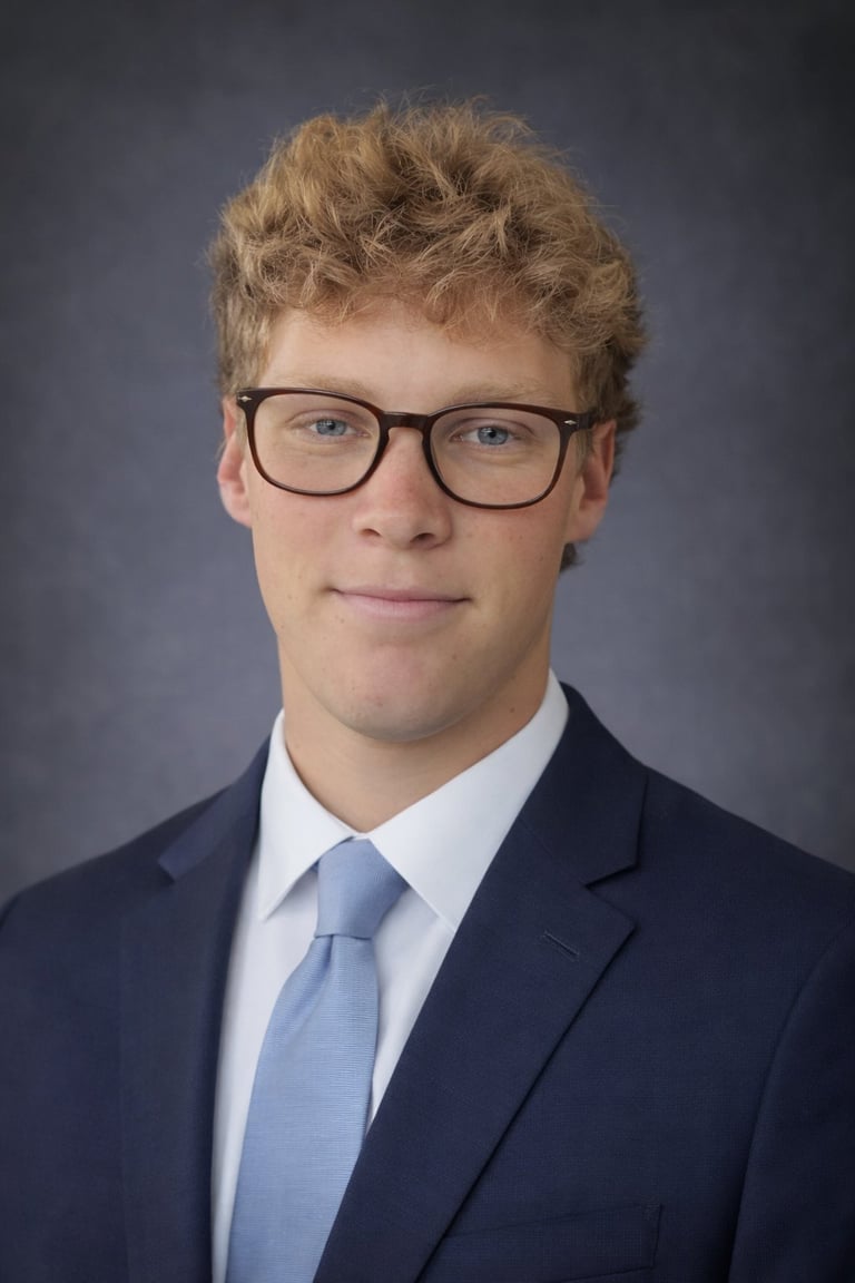 Professional headshot of a man wearing glasses, dark blazer, light blue shirt and tie against a gray background.